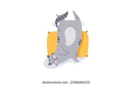 Humorous cartoon illustration of a gray cat lying upside down on a yellow cushion, showcasing a playful and relaxed vibe.