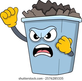 A humorous cartoon illustration of an overflowing trash can character with an angry expression and fists raised, symbolizing frustration or a call for action