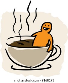 Humorous cartoon illustration of taking a bath in a cup of coffee