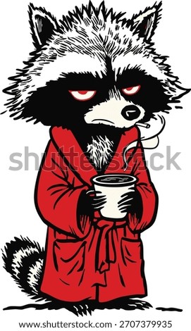 Humorous cartoon illustration of a tired, grumpy raccoon wearing a red bathrobe and holding a steaming cup of coffee. With droopy eyes and an unamused expression, this character perfectly captures the