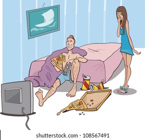 Humorous Cartoon Illustration of Young Man Watching Television in Messed up room and Shocked Woman