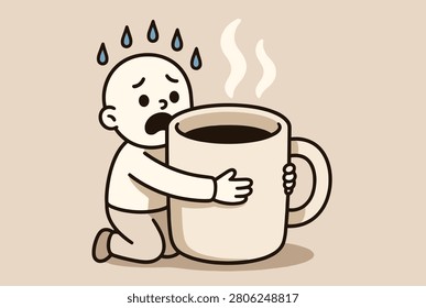 Humorous cartoon of a man sweating while hugging an enormous, steaming cup of coffee highlights morning energy needs.