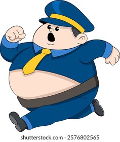 A humorous cartoon of an overweight policeman in a blue uniform and yellow tie, depicted mid run with a determined expression