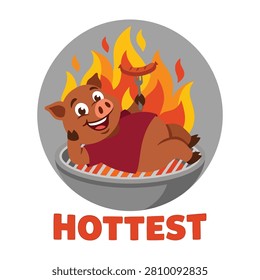 A humorous cartoon pig on fire in bowl with flames graphic illustration for hottest concept
