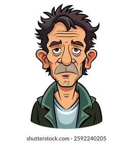 Humorous cartoon style vector art of a man with a quizzical look, featuring a large nose and prominent ears, dressed in a green shirt with a brown jacket, expressing a mood of 