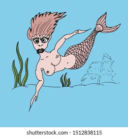 Humorous cartoon vector freehand drawing on a mythical legendary sea creature mermaid on a blue background