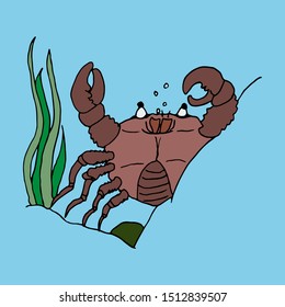 Humorous cartoon vector freehand drawing on sea animals sea crab on a blue background