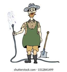 Humorous cartoon vector freehand drawing of a gardener with a watering hose on a white background
