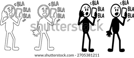 A humorous cartoon vector icon set featuring a surprised or shocked stick figure character loudly speaking and hearing on a mobile phone, with the word "BLA BLA BLA"