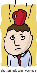 Dibujo cómico vectorial ilustración del hombre con una taza vacía de café humeante en su cabeza