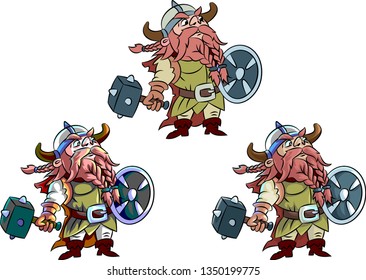 Humorous cartoon viking figure. In three versions, one simple coloring, one more colorful, and a moderate, cel shaded variant. 