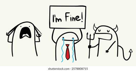 Humorous cartoon-style illustration featuring characters expressing exaggerated emotions, including frustration, crying while holding a "I'm Fine!" sign, and a devil costume. Perfect for creative and 