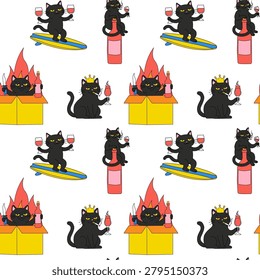 Humorous Cat Illustration Pattern with Wine Glasses