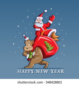 Humorous Chinese New Year vector flat illustration. Santa Claus sitting on a bag with gifts, which the monkey carries.