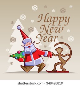 Humorous Chinese New Year vector flat illustration. Santa Claus with Christmas tree and monkey on skis.