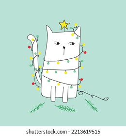 Humorous christmas card. Funny cartoon cat tangled in christmas lights. Holiday greeting postcard.