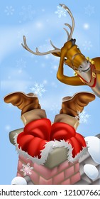 Humorous Christmas drawing of Santa Claus stuck in a chimney while his reindeer looks on in despair