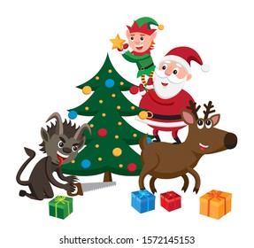 Humorous Christmas vector illustration featuring Santa Claus and Krampus