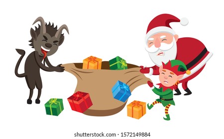 Humorous Christmas vector illustration featuring Santa Claus, elf and Krampus