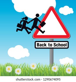 Humorous concept of back to school with symbol drawing two children joining the road sign: school attention