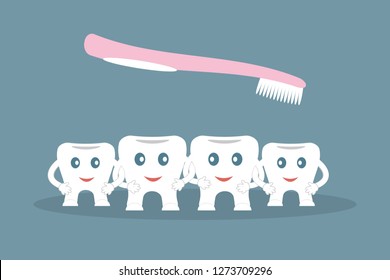 Humorous concept brushing teeth. Cute cartoon style teeth wash holding hands as a special forces by pink toothbrush on a blue background. Ideal for advertising dental services. Vector illustration