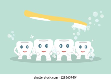 Humorous concept brushing teeth.Cute cartoon style teeth washing by yellow toothbrush holding hands as a special forces on a blue background.Ideal for advertising dental services.Vector illustration