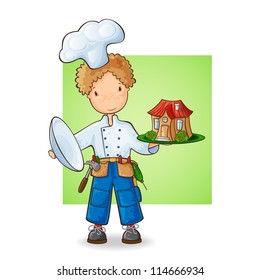 Humorous concept: builder as a chef holding a plate with a new house