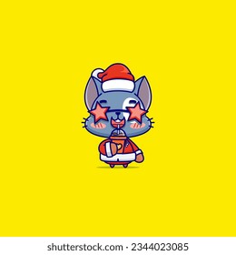 A Humorous and Cute Blue Cat in a Santa Suit, An Attractive and Charming Mascot