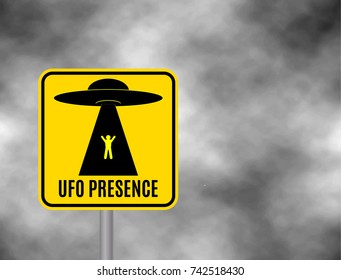 Humorous danger road signs for UFO, aliens abduction theme, vector illustration. Background of dark grey sky with cumulus clouds and yellow road sign with text Ufo Presence.
