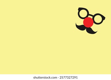 Humorous design of clown glasses, a red nose, and a mustache set on a bright yellow background, ideal for April Fools themes.