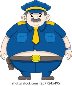 A humorous and detailed cartoon illustration of an overweight police officer wearing a blue uniform, yellow tie, and matching cap