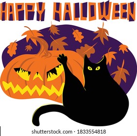 Humorous digital illustration depicting black cat washing its butt with stretched paw in front of a carved Halloween pumpkin with light inside and falling leaves on background. Title Happy Halloween.