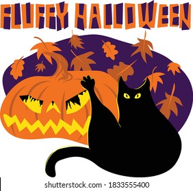 Humorous digital illustration depicting black cat washing its butt with stretched paw in front of a carved Halloween pumpkin with light inside and falling leaves on background. Title Fluffy Halloween.