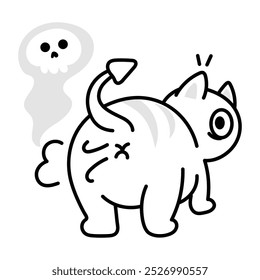 A humorous doodle icon of a cat farting with a ghost skull floating behind it

