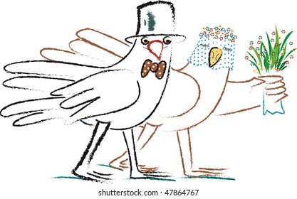 humorous drawing birds in wedding clothing