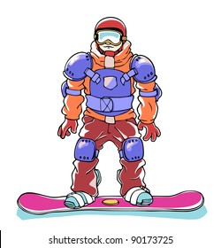 Humorous drawing of the cautious snowboarder in a full body armor.