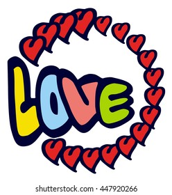 Humorous emblem with word "love". Original custom hand lettering. Design element for greeting cards, invitations, prints. Vector clip art.