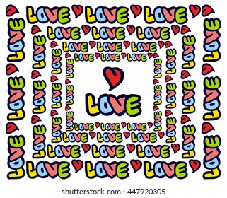 Humorous emblem with word "love". Original custom hand lettering. Design element for greeting cards, invitations, prints. Vector clip art.