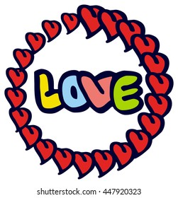 Humorous emblem with word "love". Original custom hand lettering. Design element for greeting cards, invitations, prints. Vector clip art.