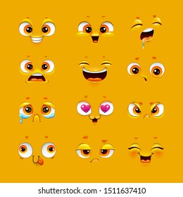 	
Humorous emoji set. Cute emoticon face collection. Funny cartoon comic faces on yellow background. Vector illustration.