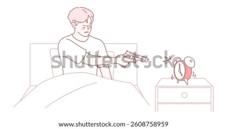 A humorous and engaging illustration depicting the common morning struggles one faces with an alarm clock