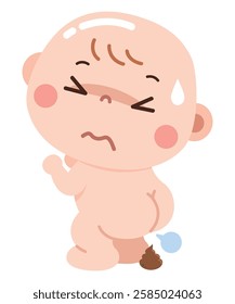 A humorous and expressive cartoon illustration of a baby experiencing digestive discomfort, with a strained face, sweat drop, and signs of passing gas or having a bowel movement.