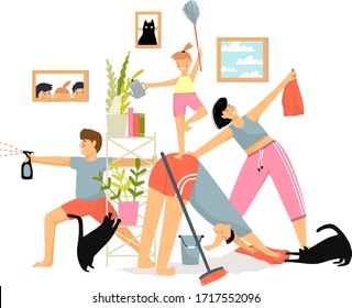 Humorous funny everyday family routine cartoon concept. Smiling family parents with children and cats cleaning house together house with different tools on white background. Vector flat illustration.