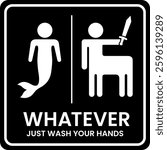 Humorous Gender Neutral Restroom Sign | Signage for All Gender Bathrooms | Funny Genderless Toilet Design | Mermaid and Centaur Facilities | Mythological Creature Pictograms and WC Signage