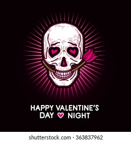 Humorous gloomy and grim illustration postcard for Valentine's Day and Valentine's Night with funny smiling looking in love skull with pink rose in its teeth in the pink glow on black background.