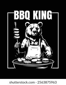 A humorous graphic of a bear wearing an apron, holding skewers of food, and tending a barbecue grill loaded with various grilled meats and burgers. Perfect for BBQ Lover.