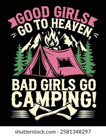 A humorous graphic design featuring a quote about a woman who loves camping.