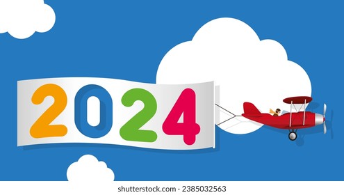 Humorous greeting card, showing a red propeller plane pulling a white banner, announcing the arrival of the year 2024.