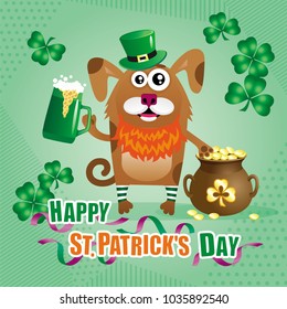 Humorous greeting card for St. Patrick's Day with cartoon funny dog in green hat of a leprechaun and pot of gold on a light green background