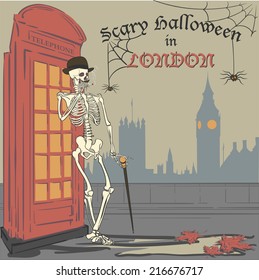 Humorous halloween Greeting card with a smoking skeleton in bowler hat and with a cane. EPS8 vector illustration.